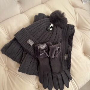UGG Winter Charcoal Grey   Sweater Weather pom pom hat infinity scarf Set. NWT